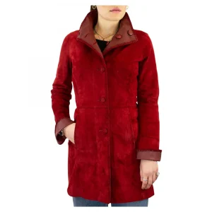 Giacca elegante reversibile da donna fatta a mano in pelle di renna e agnello rossa con bottoni