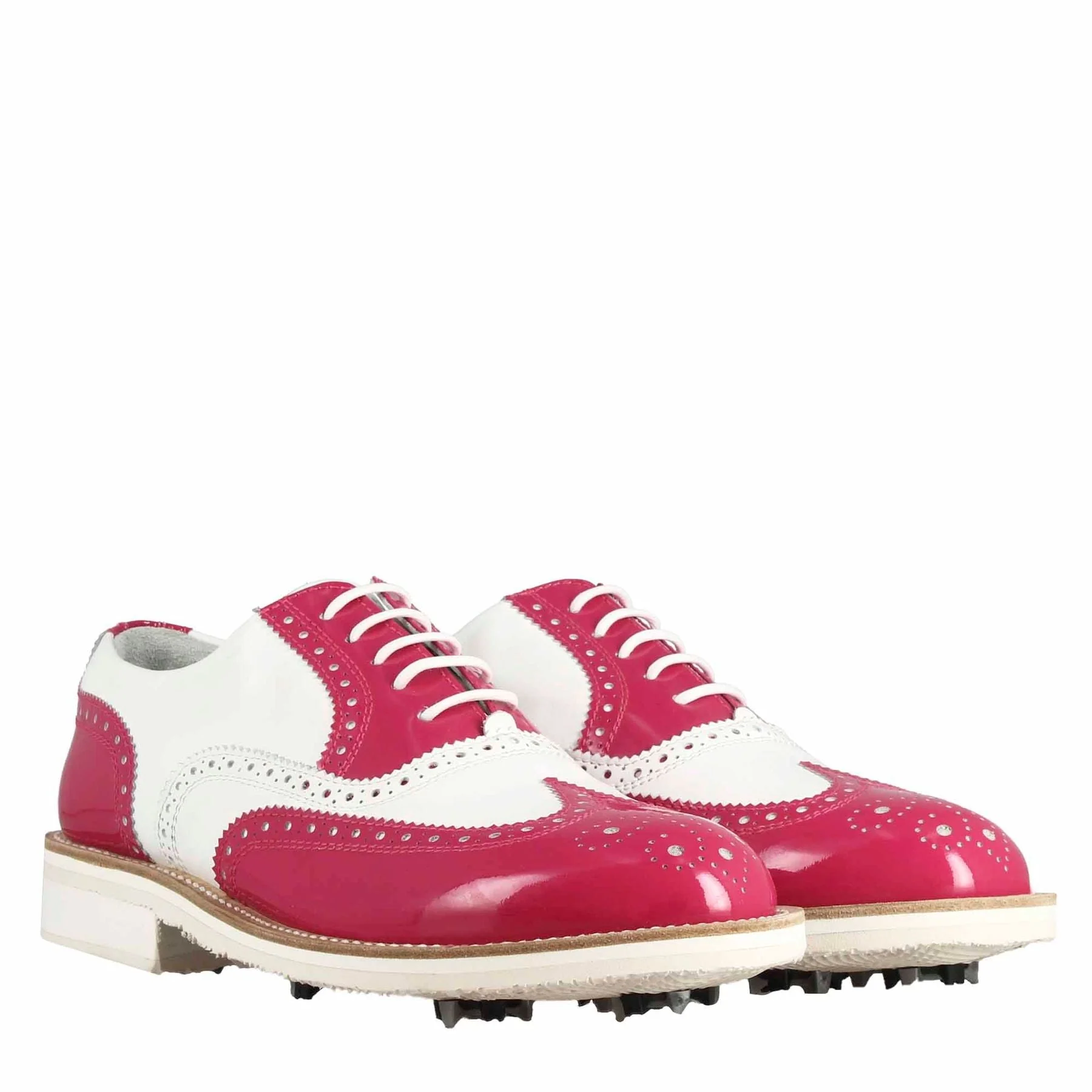 Scarpe golf fatte a mano in pelle lucida colore bianco rosa. - immagine 8