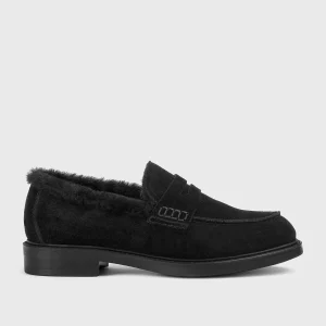 DD8738BRUGUM252NN00 - Mocassino in suede con dettaglio pelliccia nero