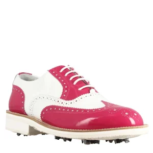 Scarpe golf fatte a mano in pelle lucida colore bianco rosa.