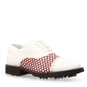 Scarpe classiche da golf artigianali in pelle bianca e rossa intrecciata