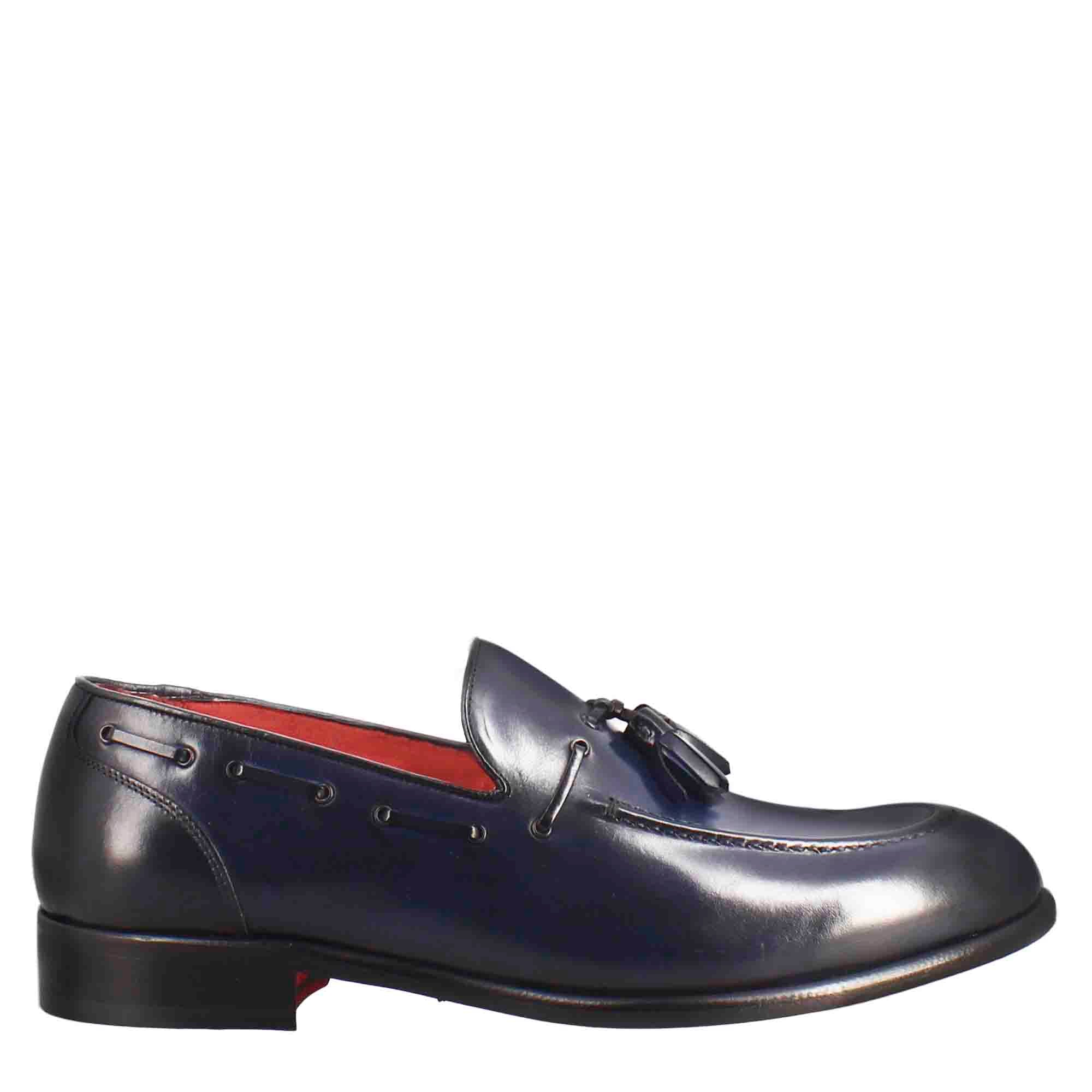 Mocassino con nappine da uomo in pelle colore blu scuro - immagine 3