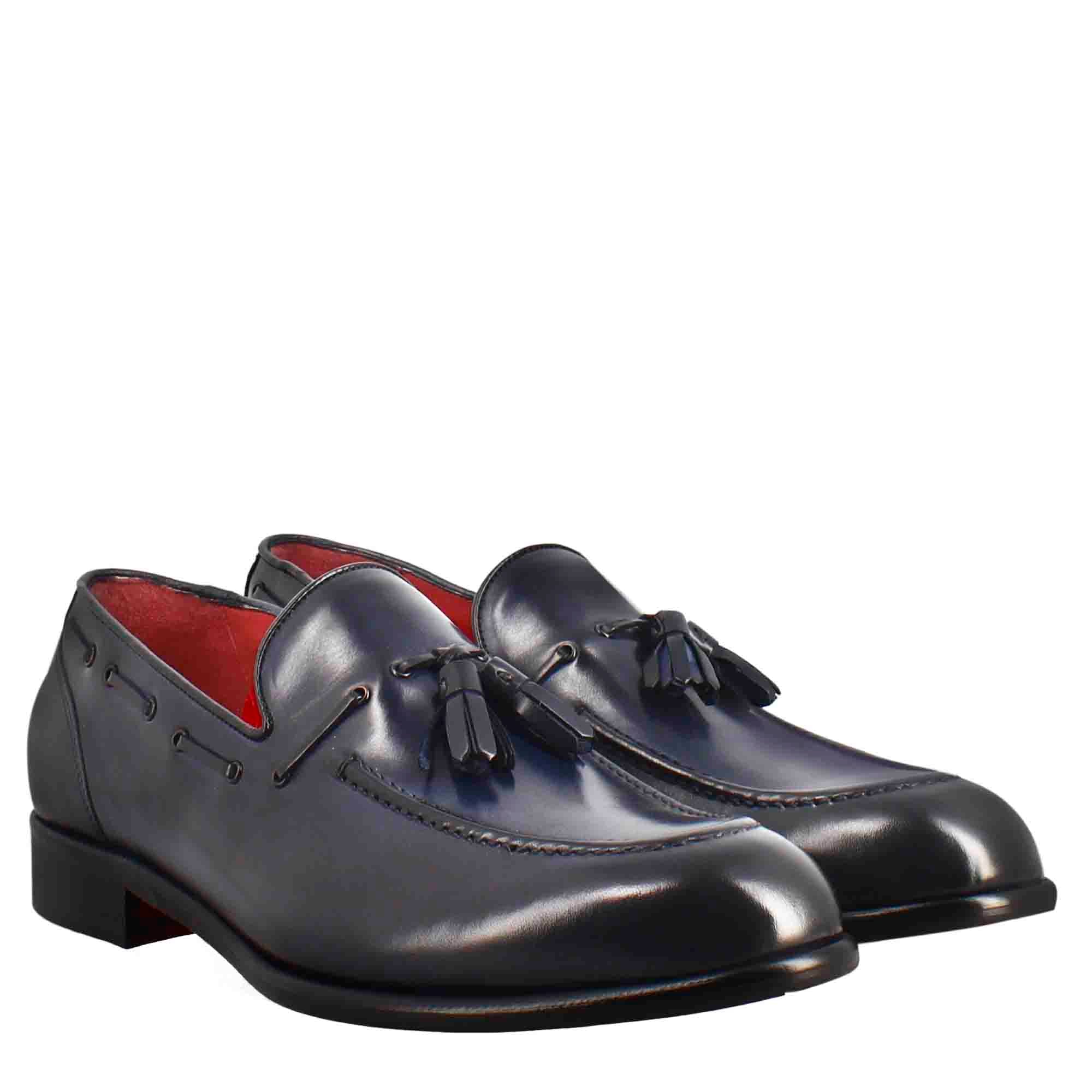 Mocassino con nappine da uomo in pelle colore blu scuro - immagine 7