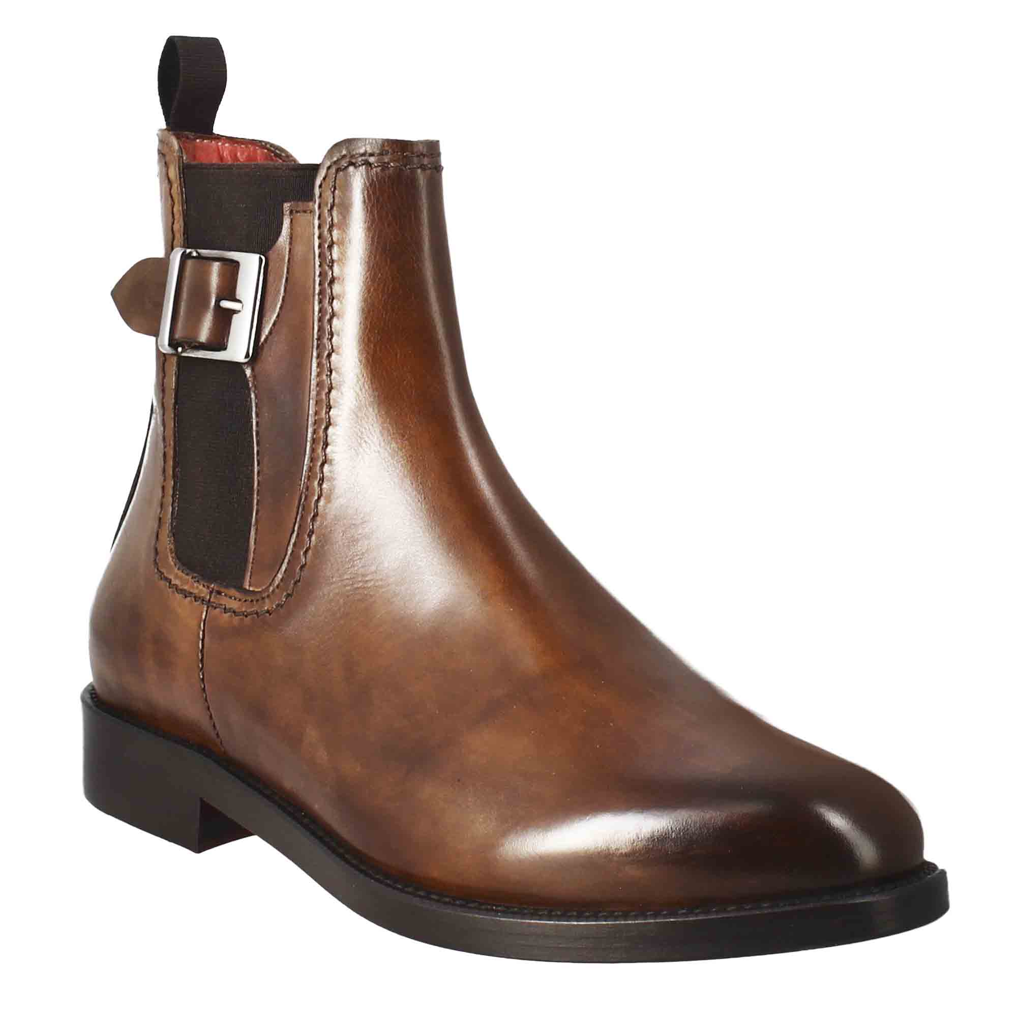 Stivaletto da donna liscio con tacco basso in pelle liscia colore marrone chiaro con fibbia laterale - immagine 2