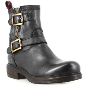 Stivaletto da donna con doppia fibbia in vera pelle colore nero
