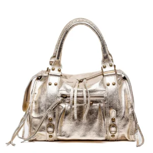 Borsa a bauletto city in pelle laminata platino.