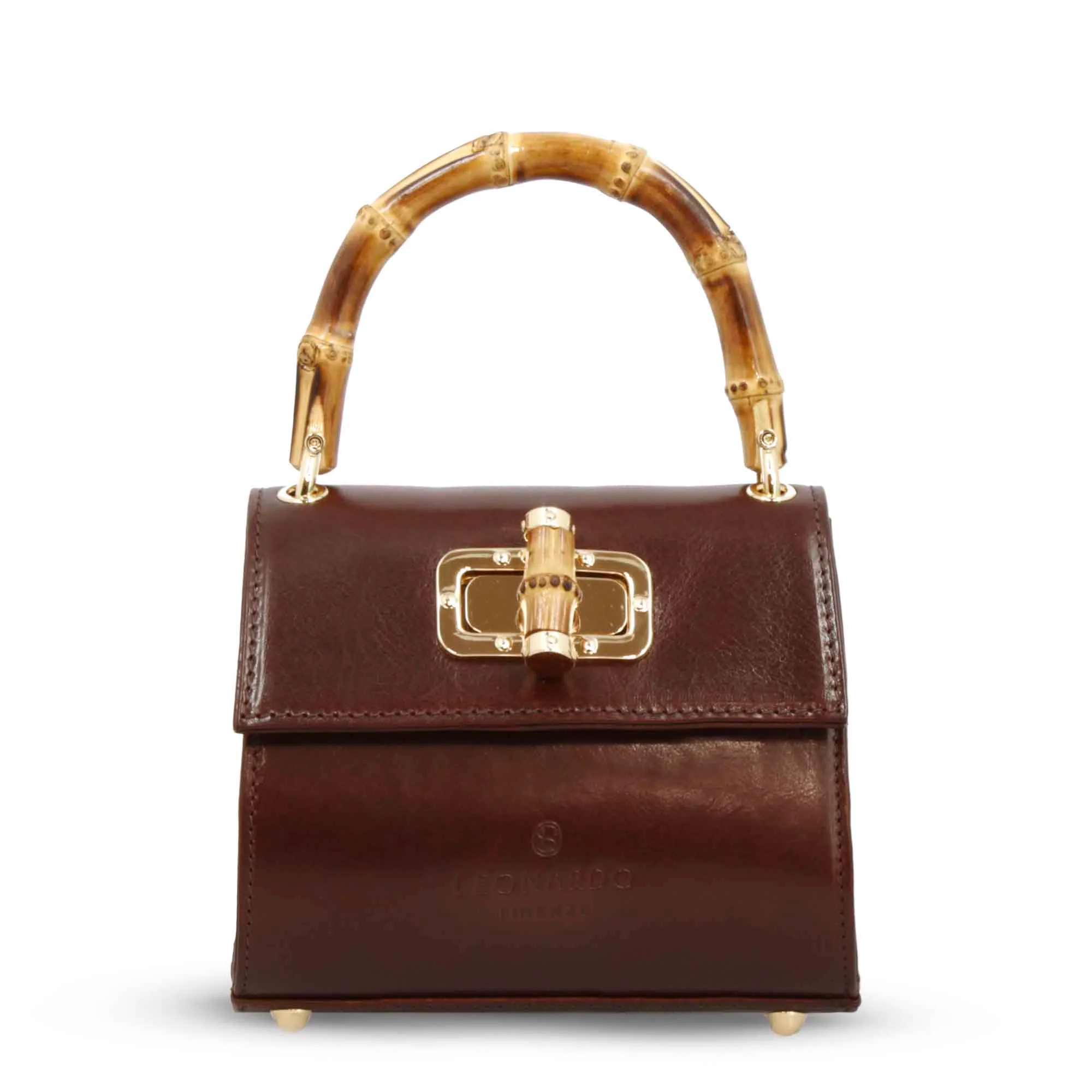 Borsa a mano artigianale da donna in pelle marrone scuro con manico bambù - immagine 2