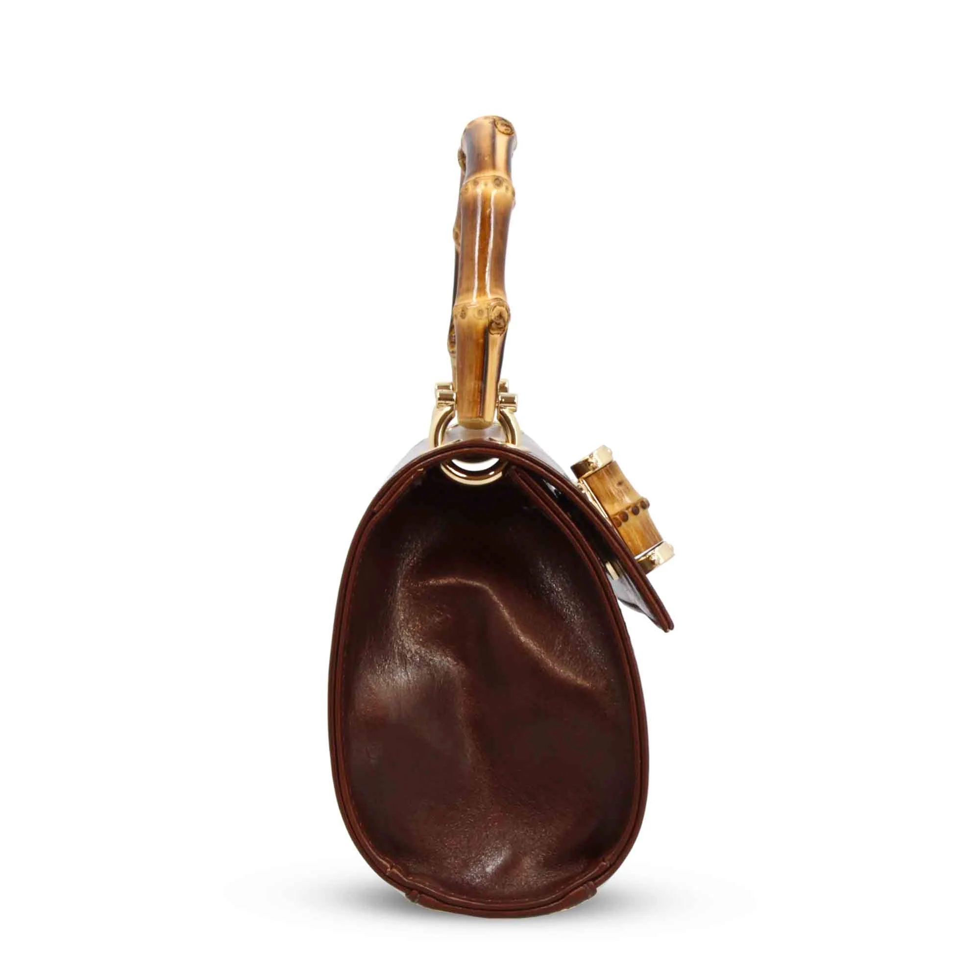 Borsa a mano artigianale da donna in pelle marrone scuro con manico bambù - immagine 4