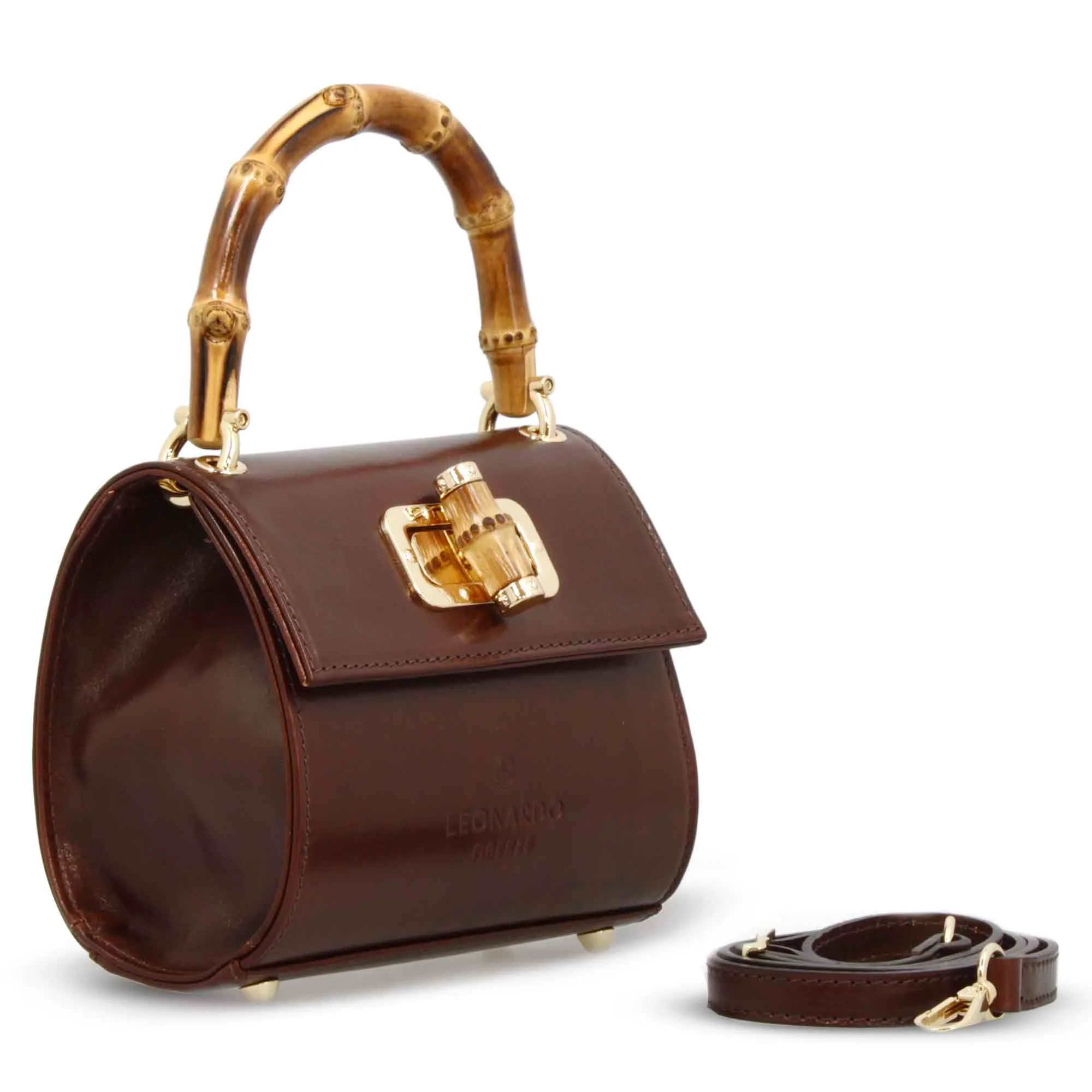 Borsa a mano artigianale da donna in pelle marrone scuro con manico bambù - immagine 3