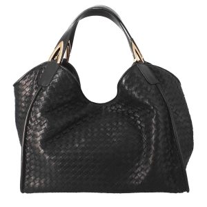 Borsa a mano da donna artigianale in pelle intrecciata colore nero