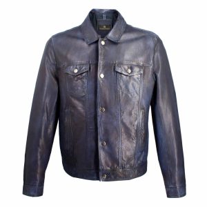 Giacca sport in pelle blu conciata al vegetale con bottoni