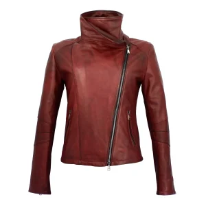 Giacca da donna in pelle bordeaux collo alto e doppio petto