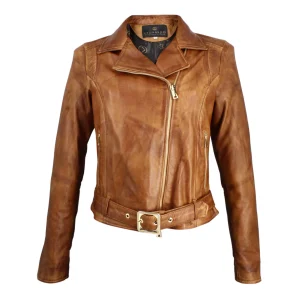 Giacca da donna in pelle marrone con doppio petto