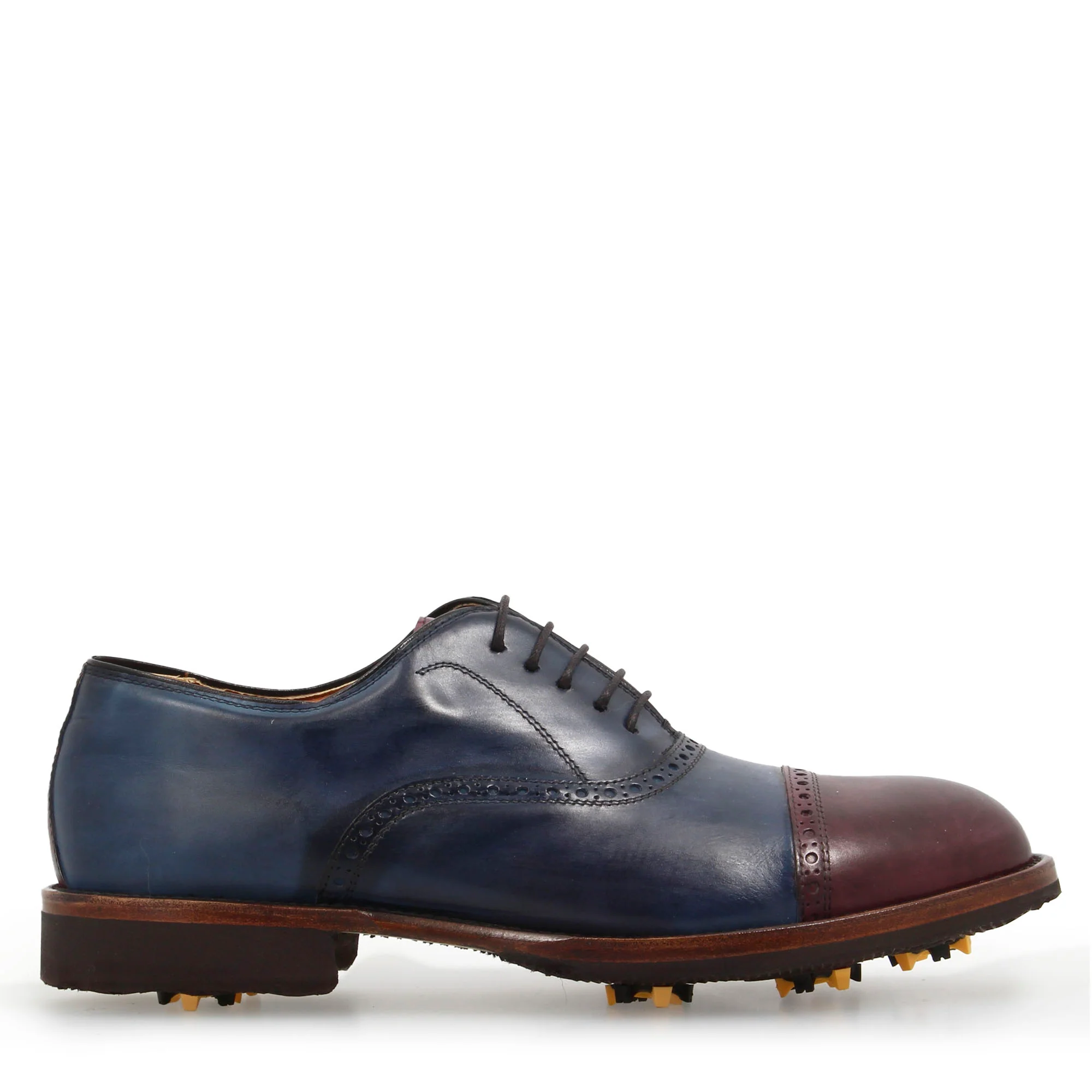 Scarpe da golf artigianali in pelle colore blu e bordeaux tinta a mano - immagine 4