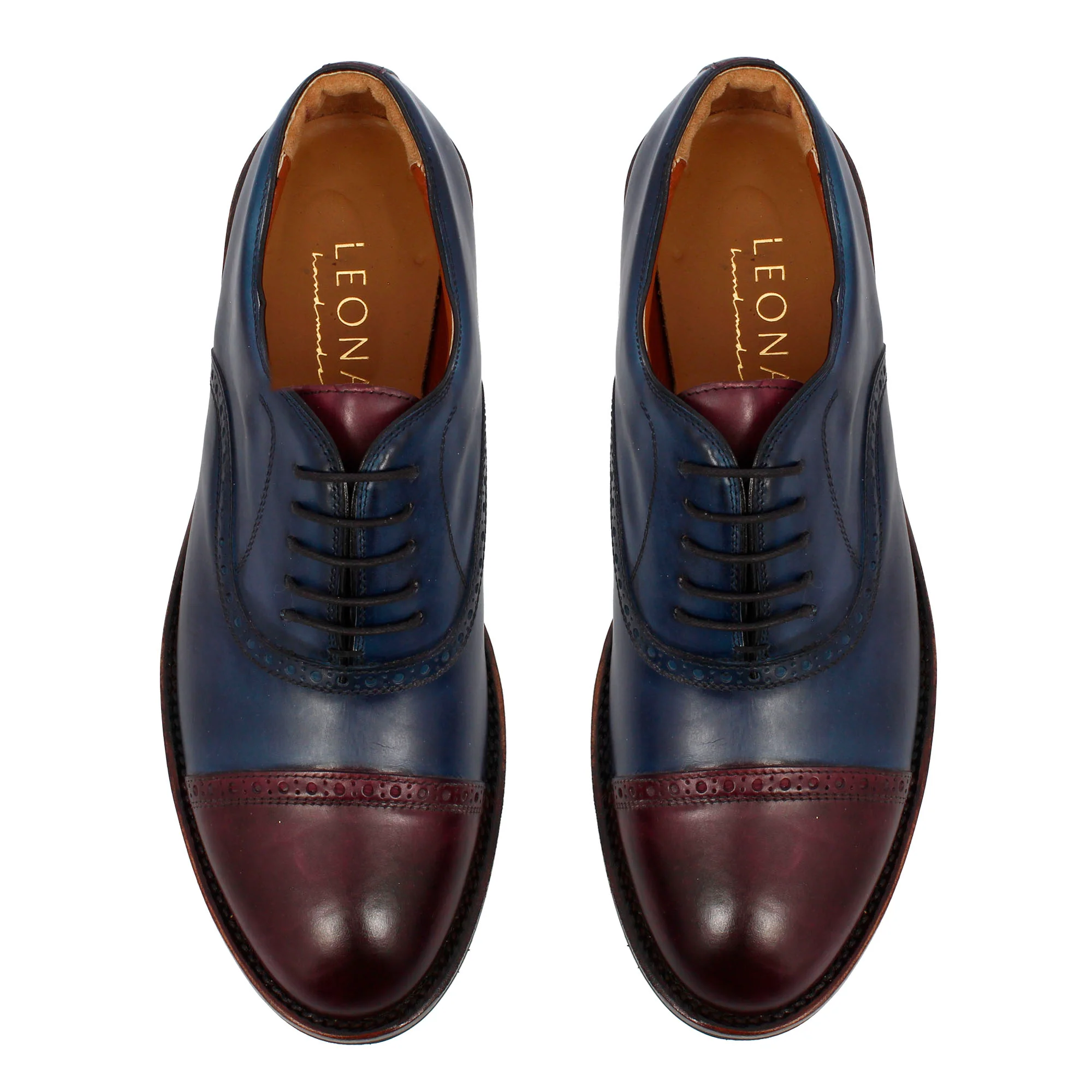Scarpe da golf artigianali in pelle colore blu e bordeaux tinta a mano - immagine 3
