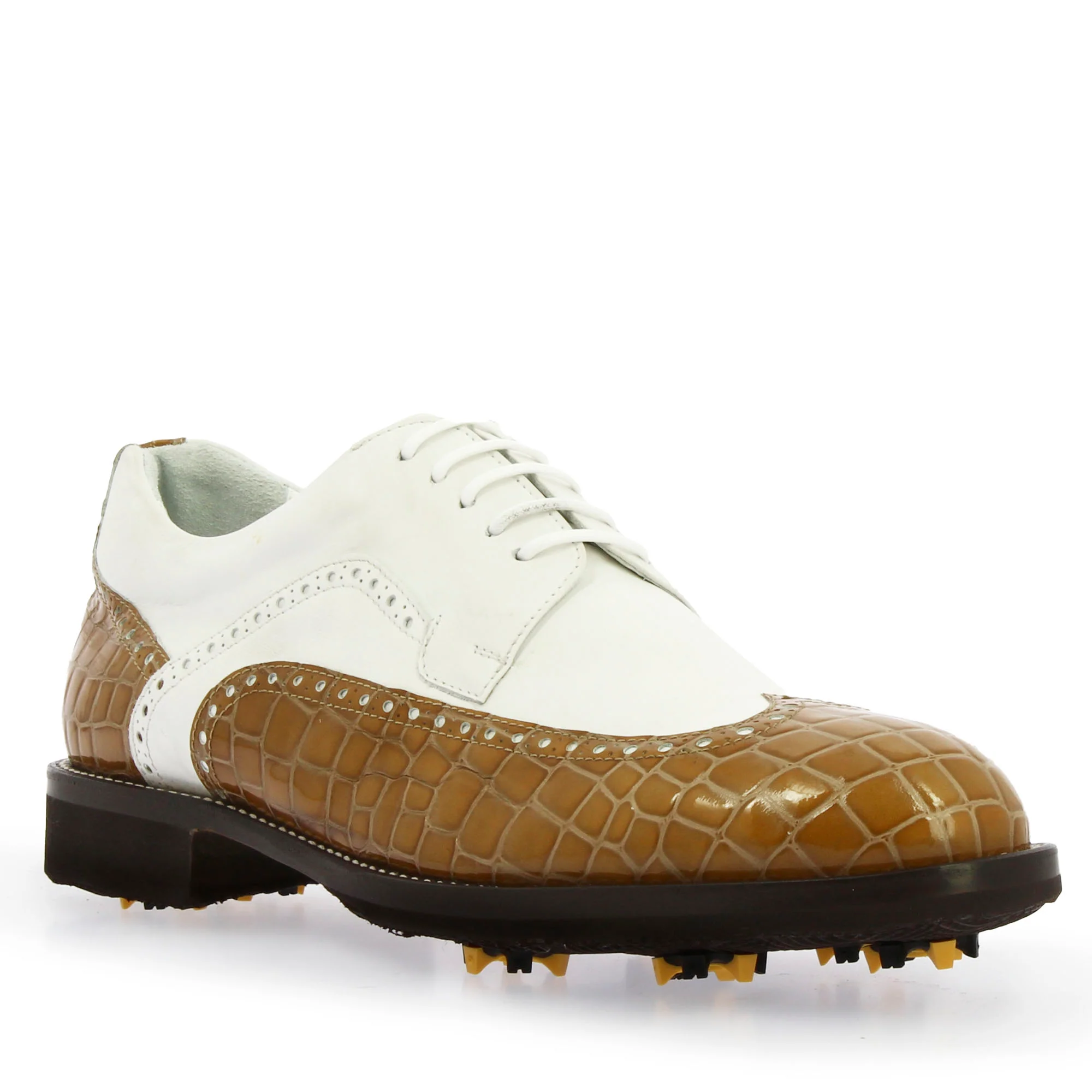 Scarpe da golf artigianali in pelle colore bianco e cocco marrone
