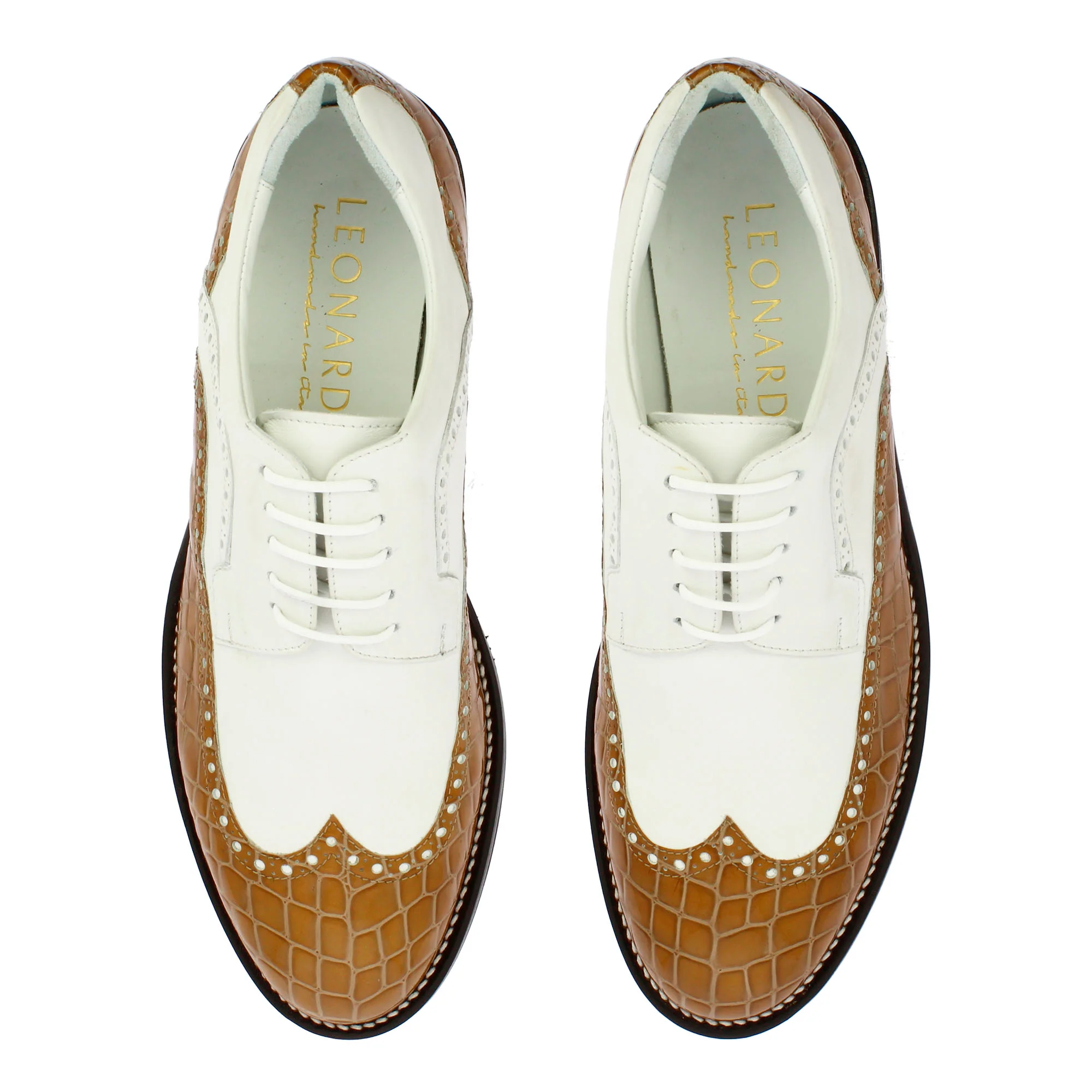 Scarpe da golf artigianali in pelle colore bianco e cocco marrone - immagine 3