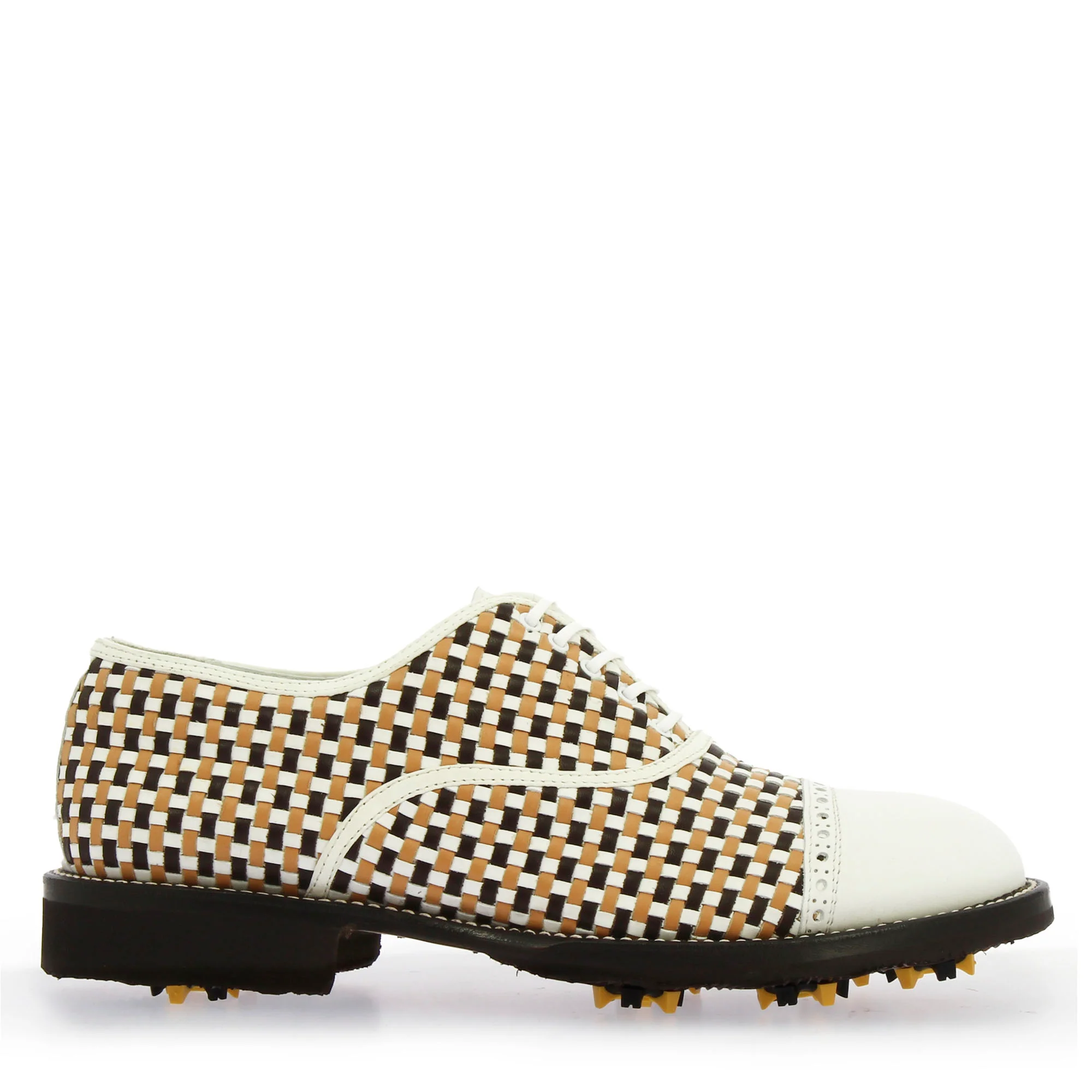 Scarpe da golf artigianali in pelle intrecciata bianca e marrone - immagine 4