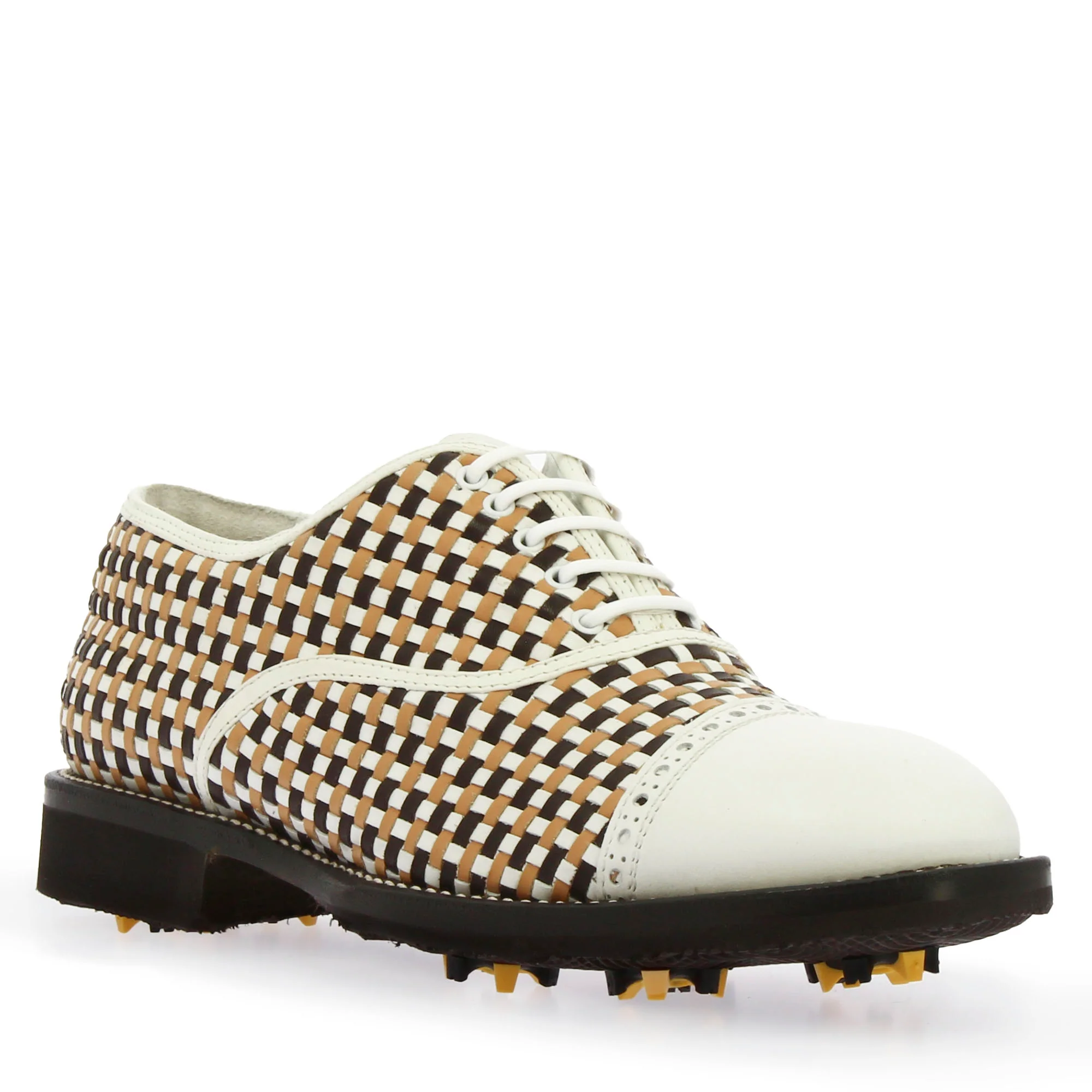 Scarpe da golf artigianali in pelle intrecciata bianca e marrone