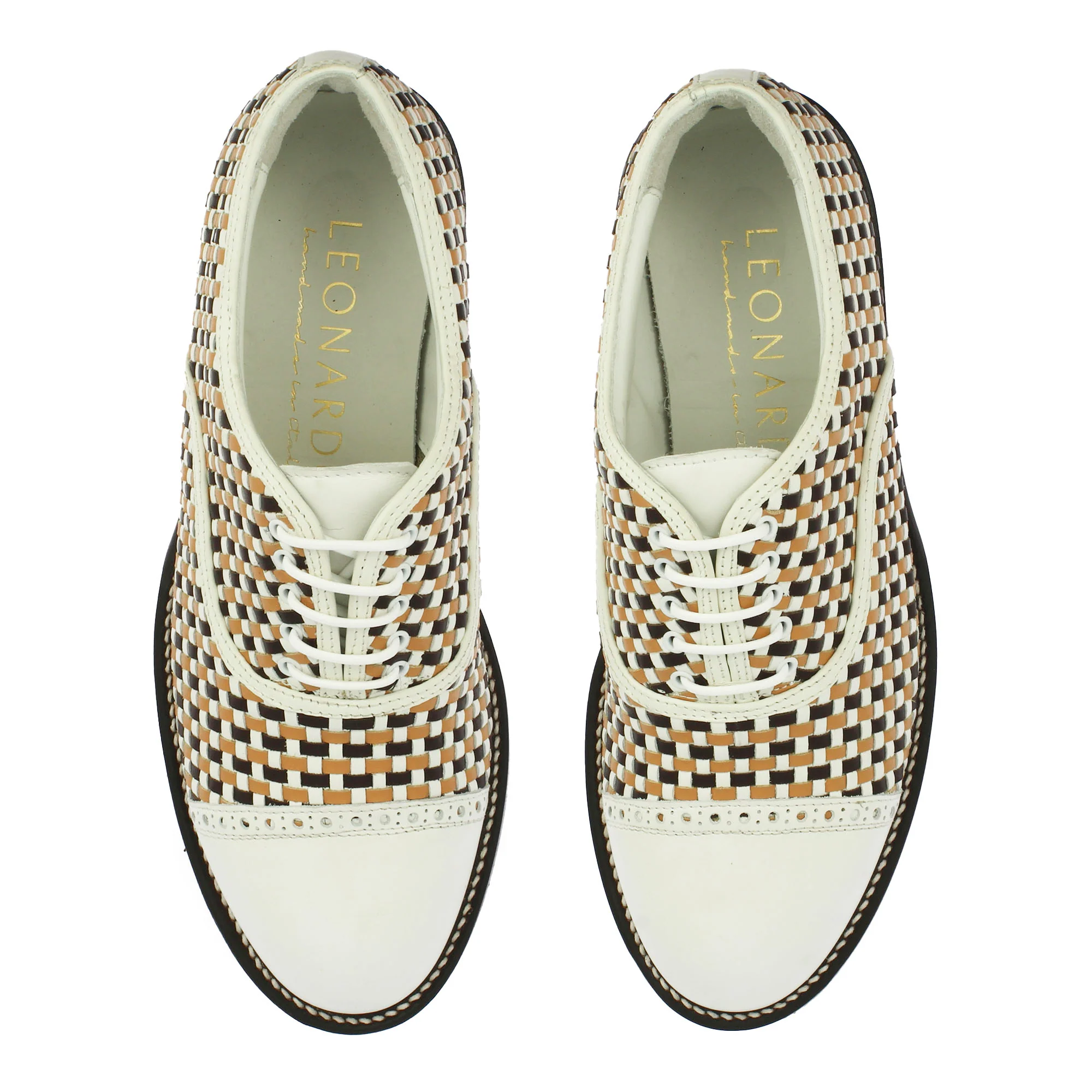 Scarpe da golf artigianali in pelle intrecciata bianca e marrone - immagine 3