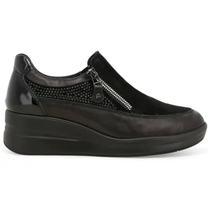 Melluso Slip-on Donna Nera in Pelle e Camoscio con Zeppa, Zip e Strass