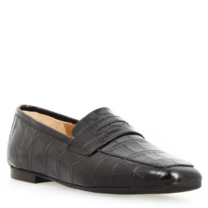 Mocassino artigianale da donna in pelle stampa cocco nero