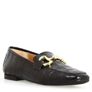 Mocassino artigianale da donna in pelle stampa cocco nero con morsetto