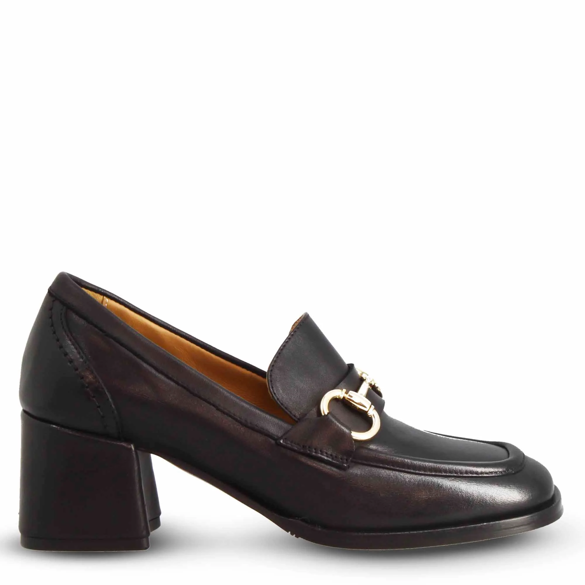 Mocassino tacco alto da donna in pelle colore nero con morsetto - immagine 4