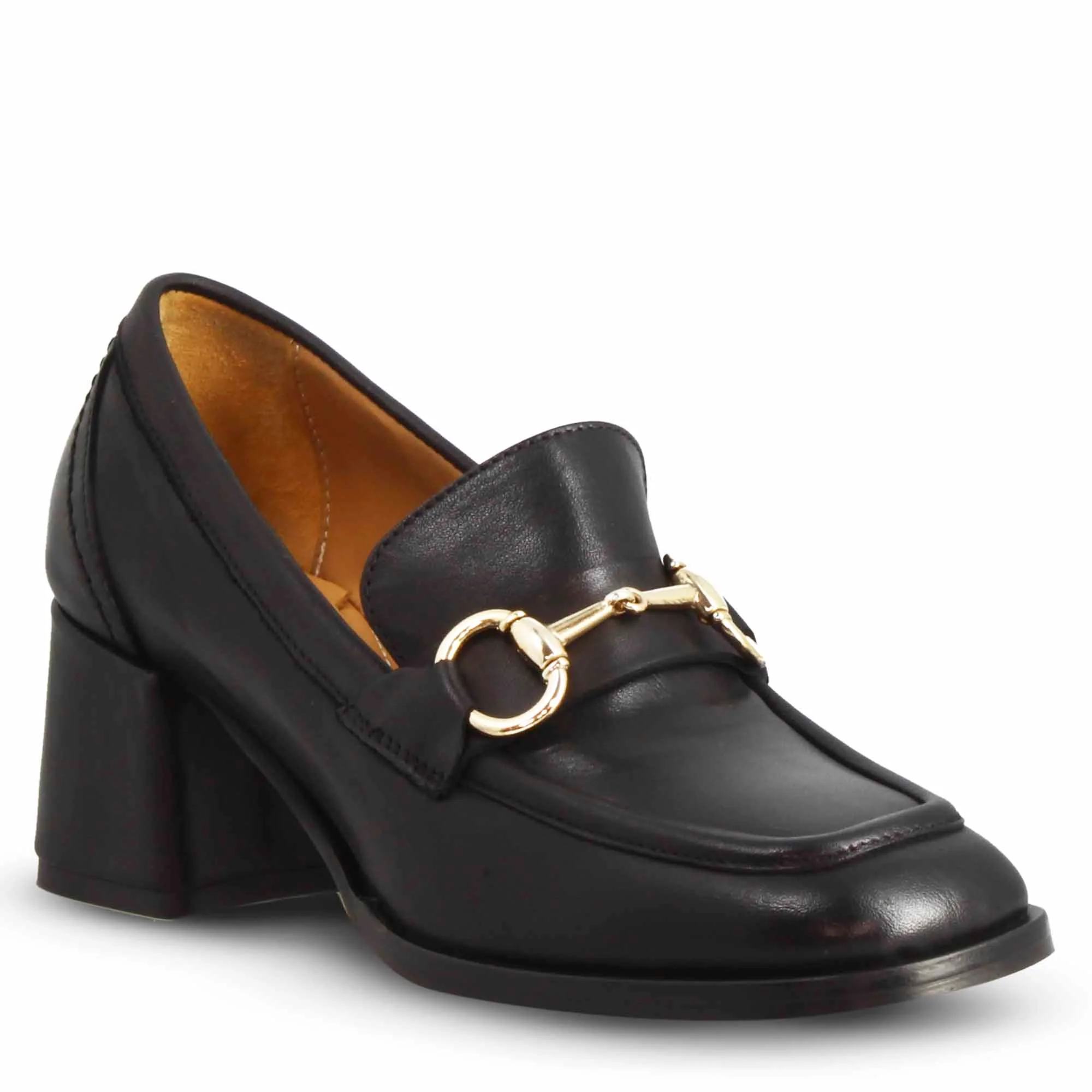 Mocassino tacco alto da donna in pelle colore nero con morsetto