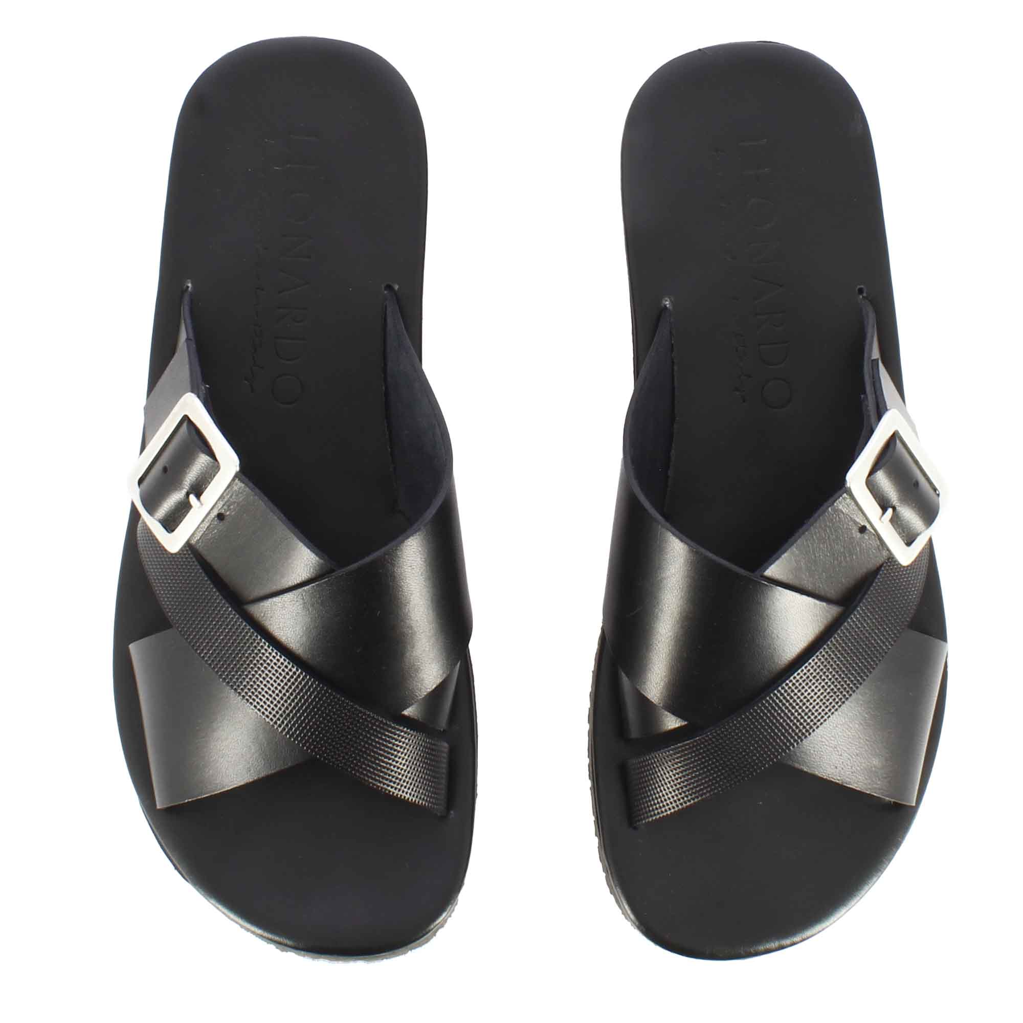 Sandalo slider da uomo in pelle colore nero con fibbia - immagine 3