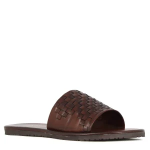 Sandalo slider da uomo con fascia in pelle intrecciata colore marrone