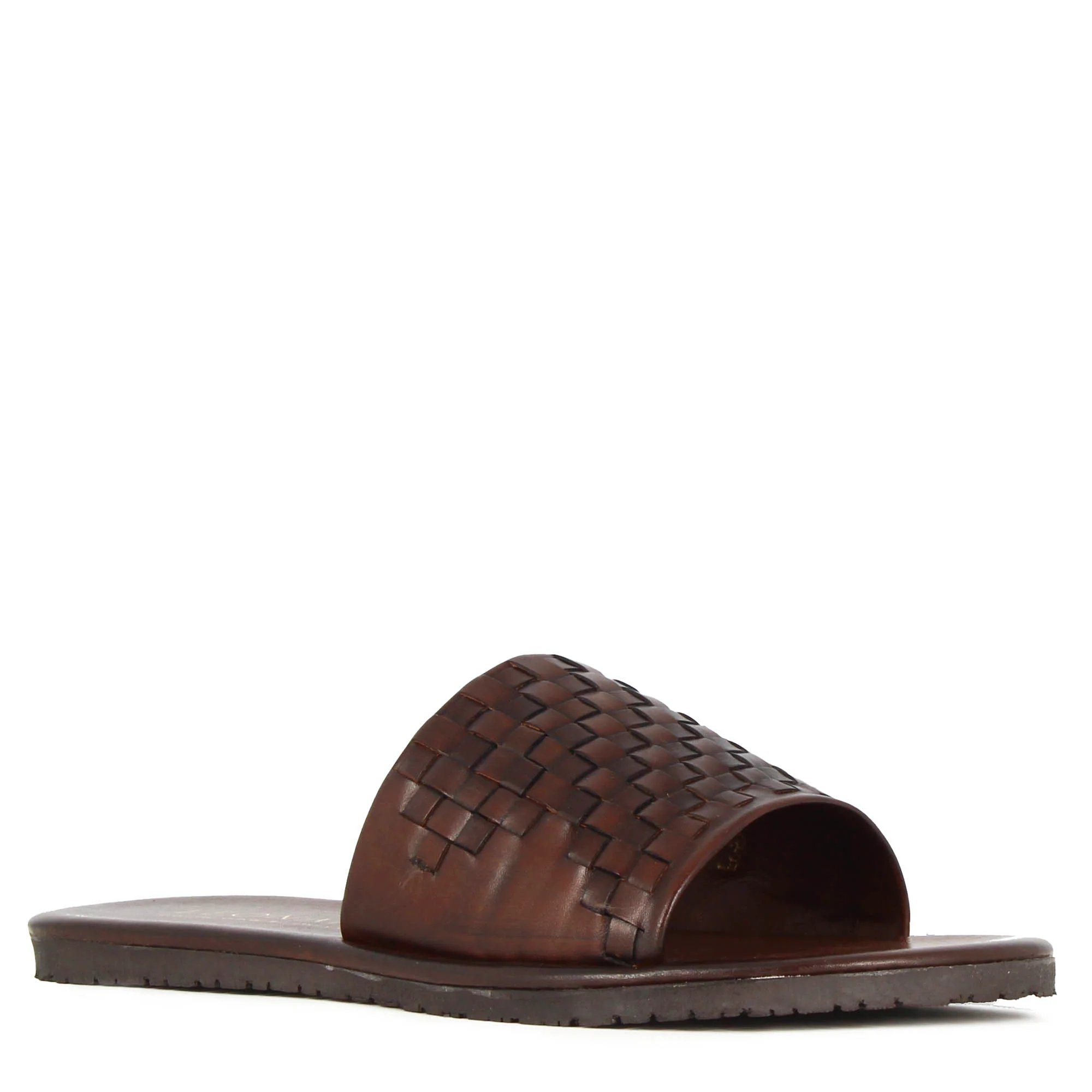Sandalo slider da uomo con fascia in pelle intrecciata colore marrone - immagine 2