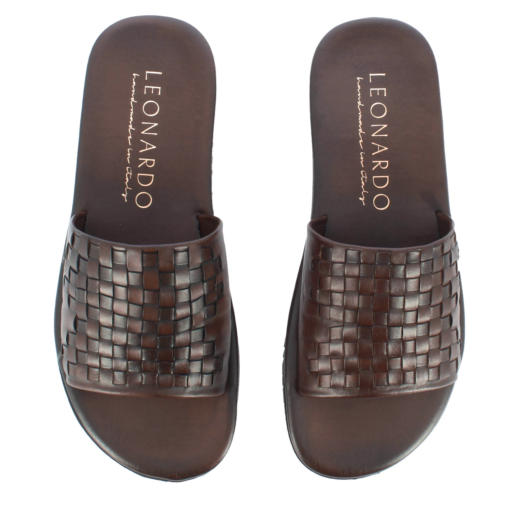 Sandalo slider da uomo con fascia in pelle intrecciata colore marrone - immagine 3
