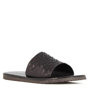 Sandalo slider da uomo con fascia in pelle intrecciata colore nero