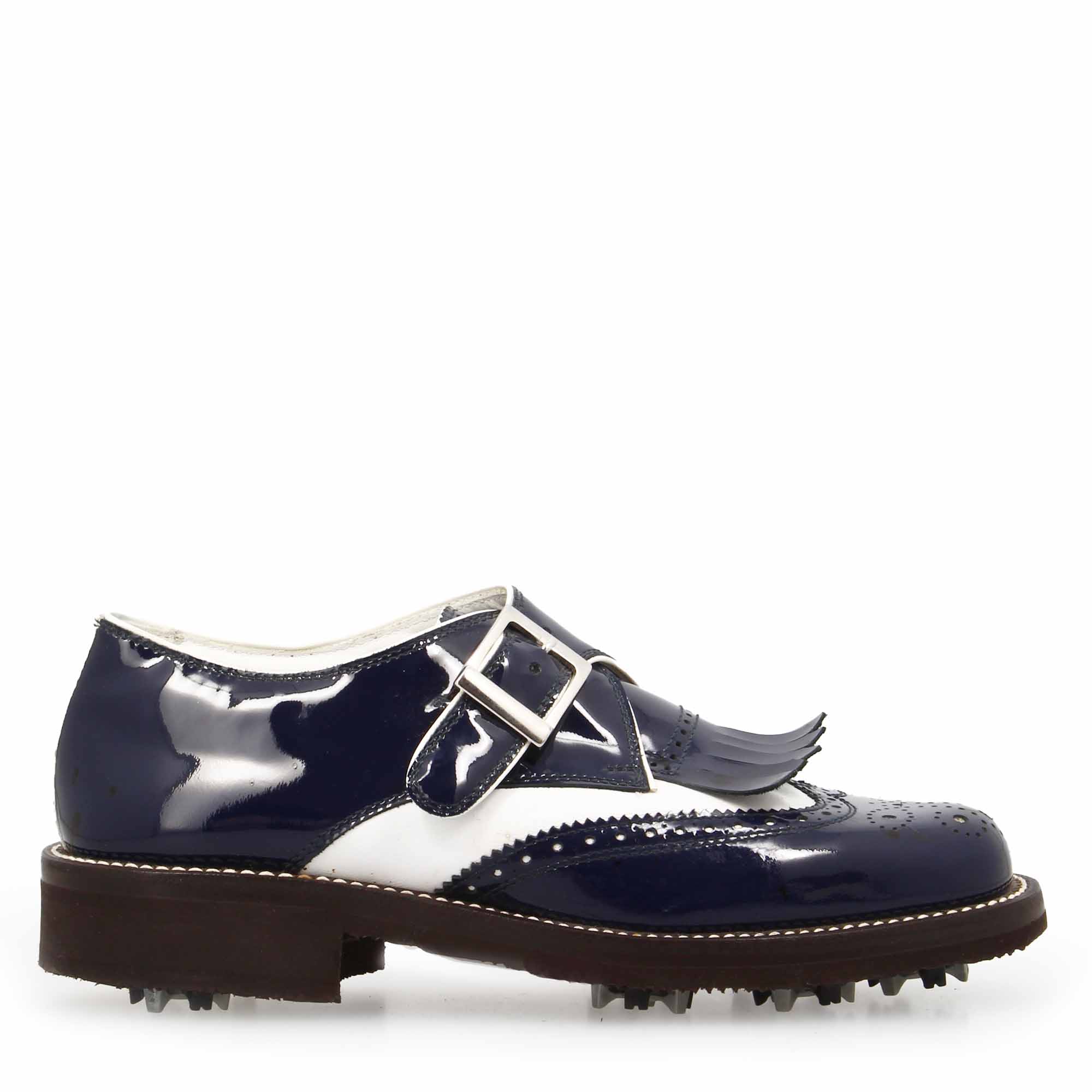 Scarpe con fibbia da golf in pelle bianca e vernice blu - immagine 4