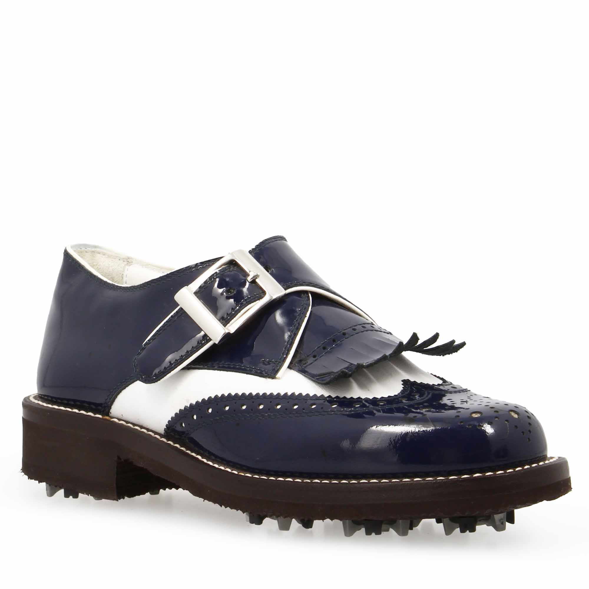 Scarpe con fibbia da golf in pelle bianca e vernice blu - immagine 2