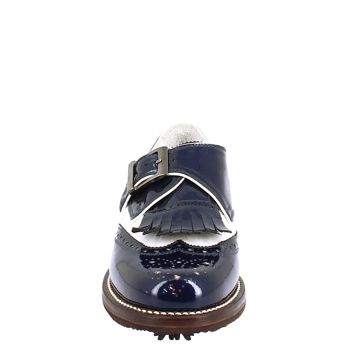 Scarpe con fibbia da golf in pelle bianca e vernice blu - immagine 5