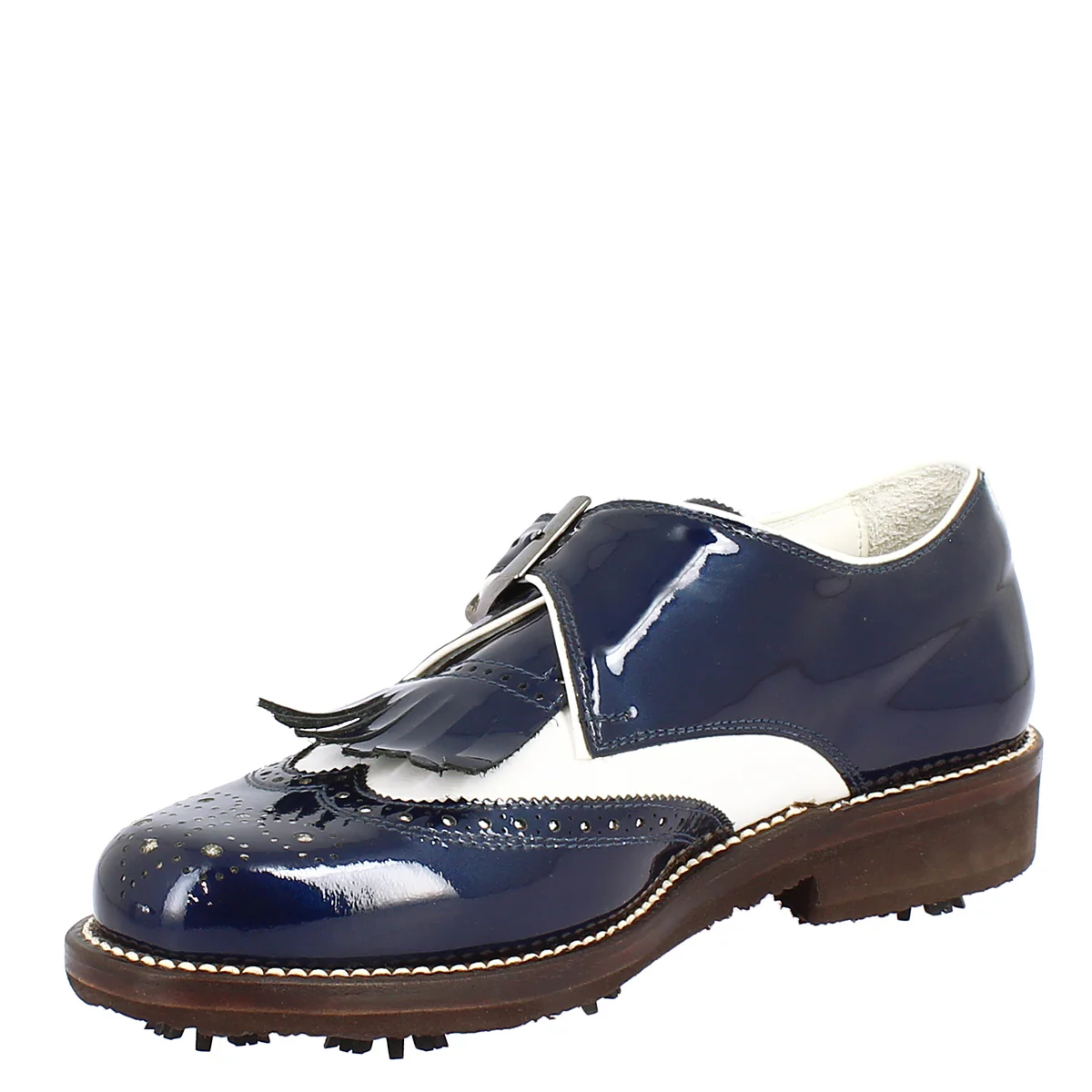 Scarpe con fibbia da golf in pelle bianca e vernice blu - immagine 7