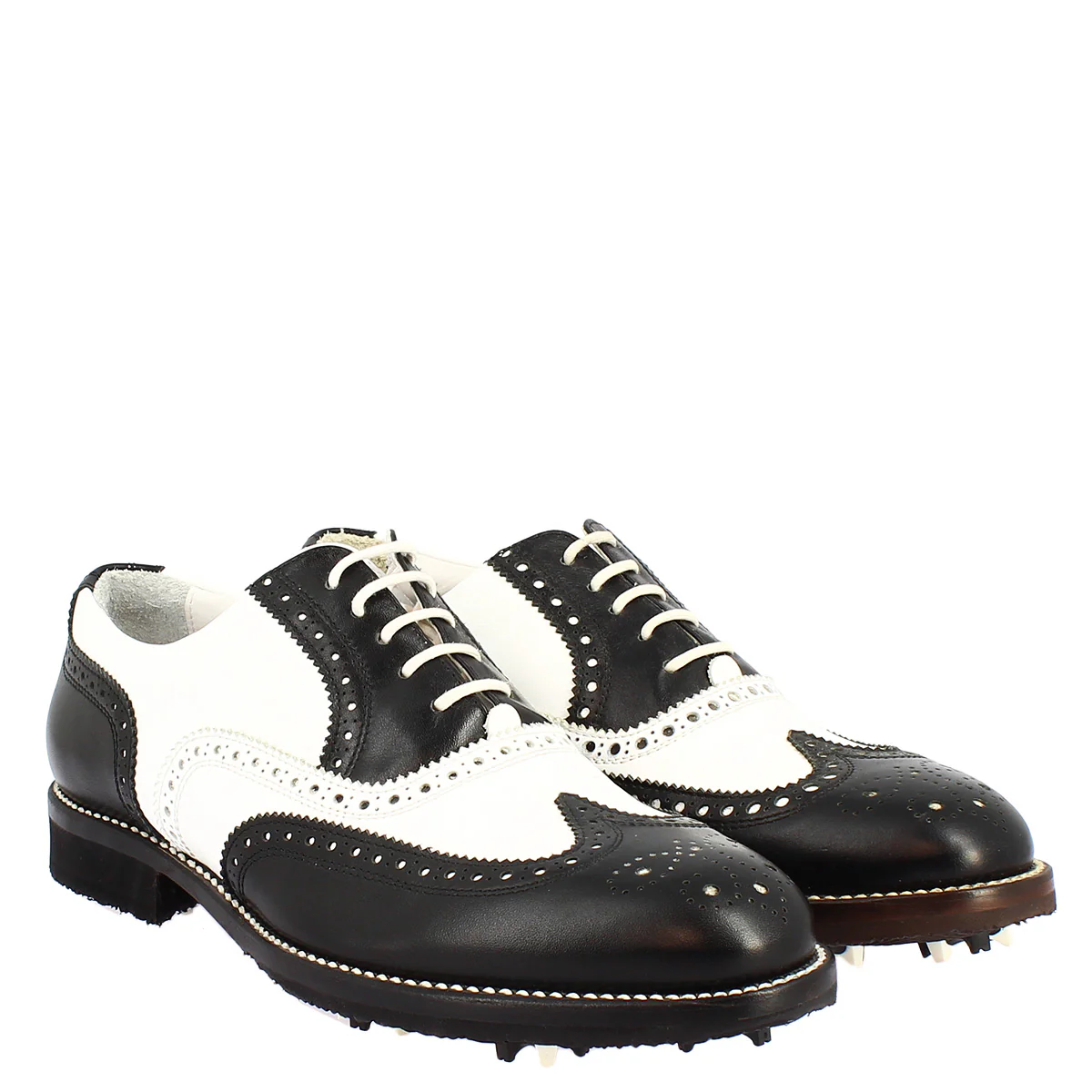 Scarpe da golf artigianale in pelle bicolore bianco e nero - immagine 9