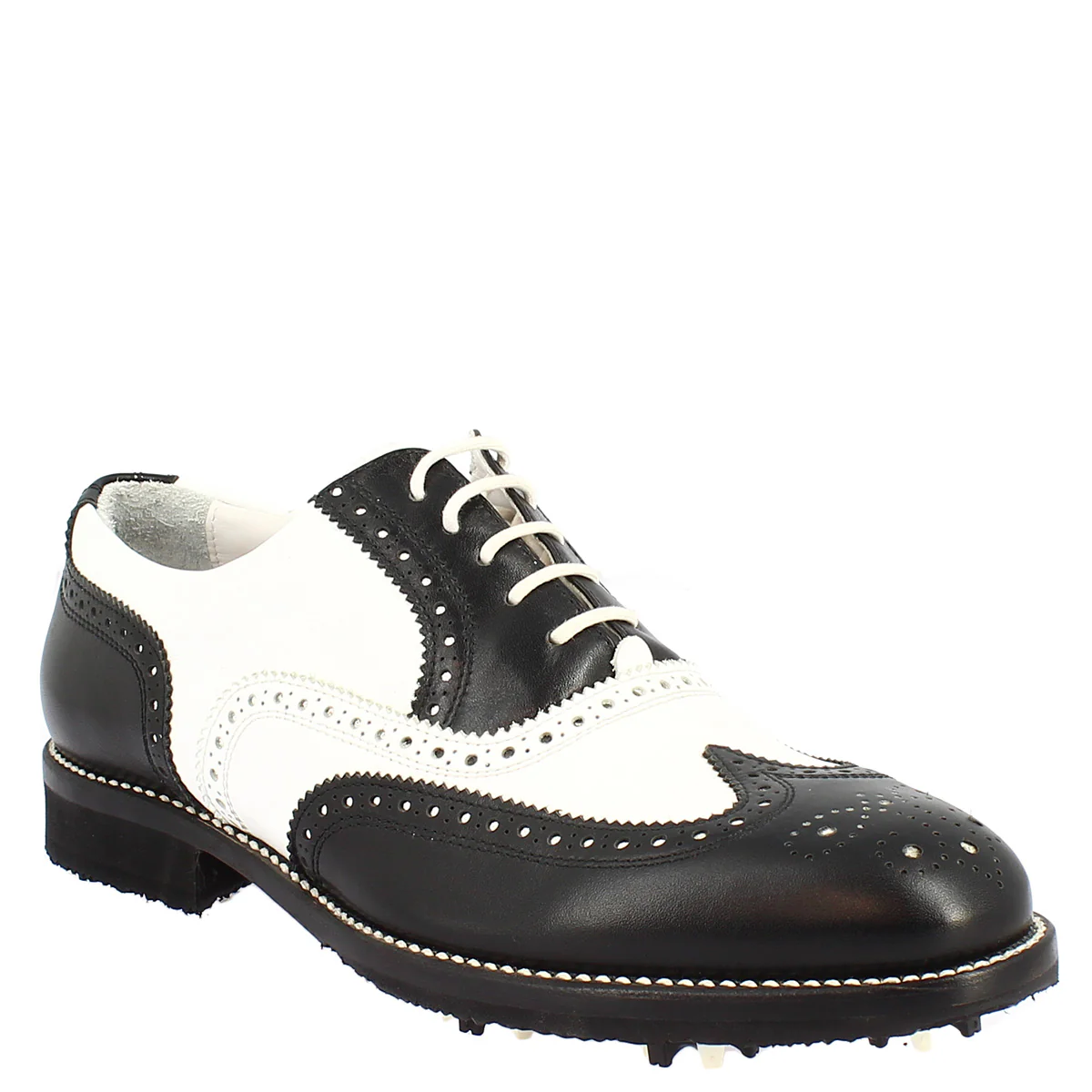 Scarpe da golf artigianale in pelle bicolore bianco e nero - immagine 2