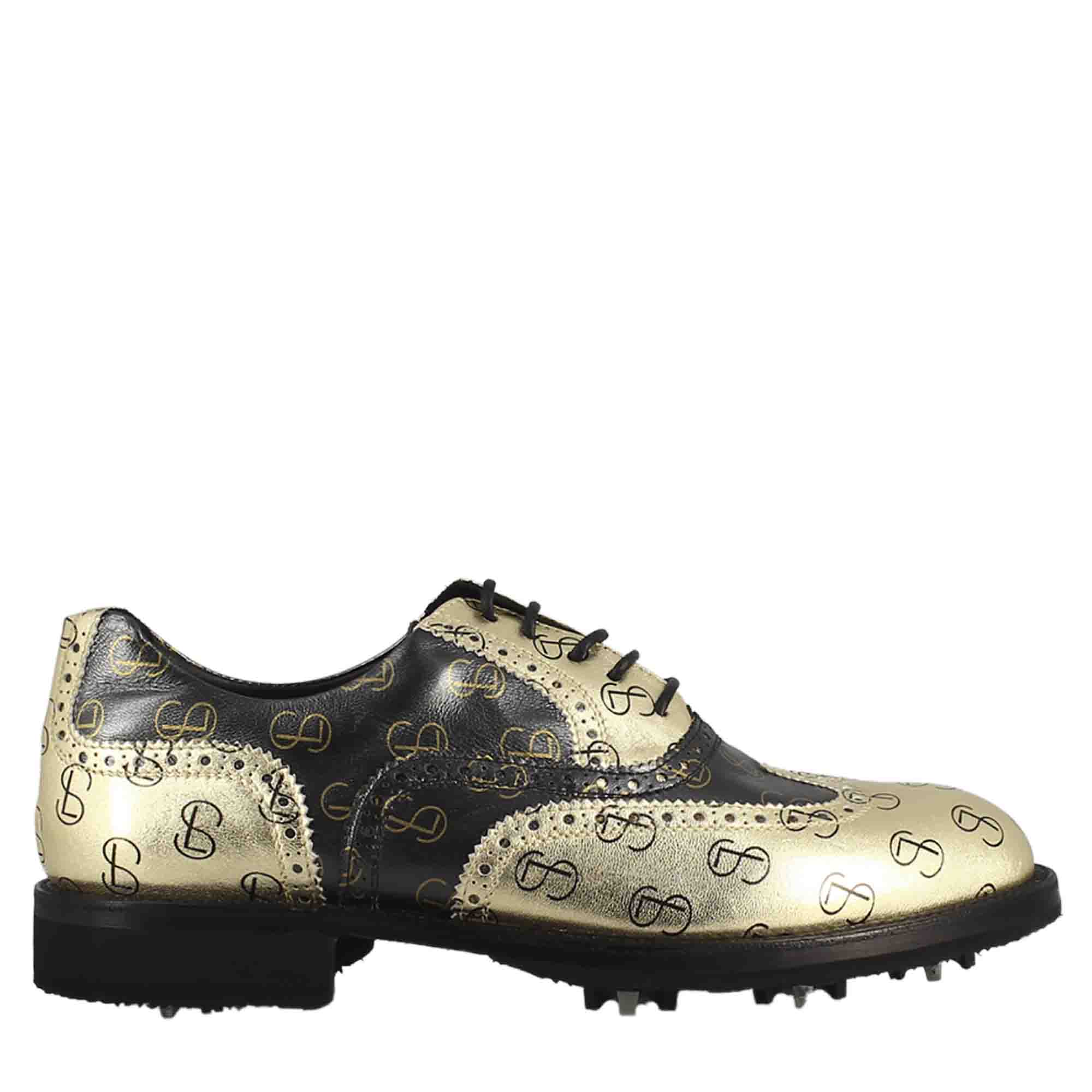 Scarpe da golf bicolore in pelle pieno fiore nero e oro - immagine 3