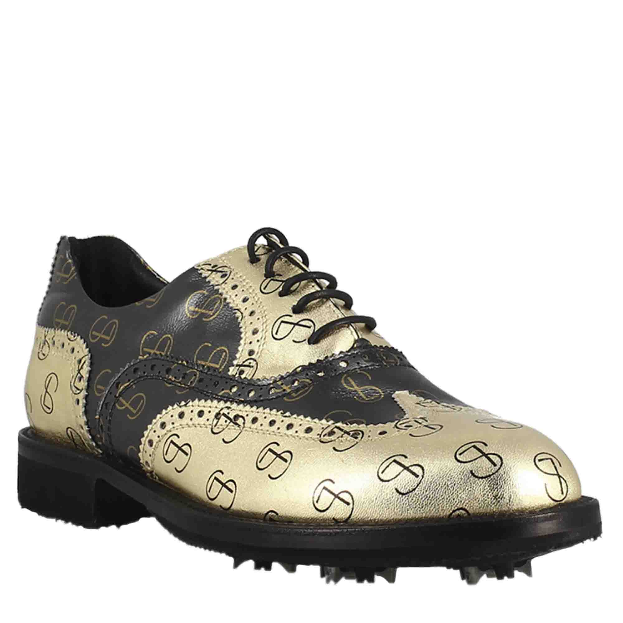 Scarpe da golf bicolore in pelle pieno fiore nero e oro - immagine 2