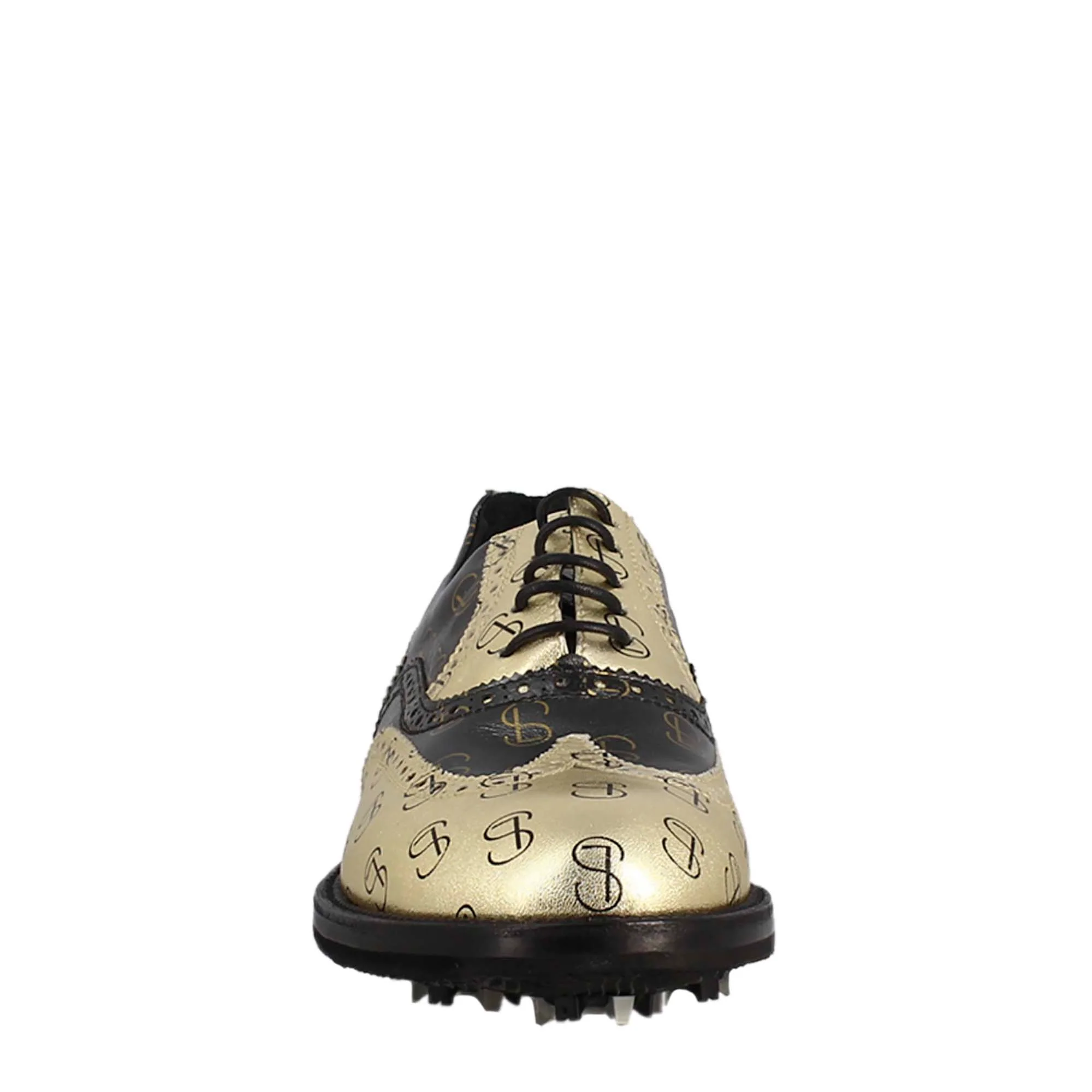 Scarpe da golf bicolore in pelle pieno fiore nero e oro - immagine 4