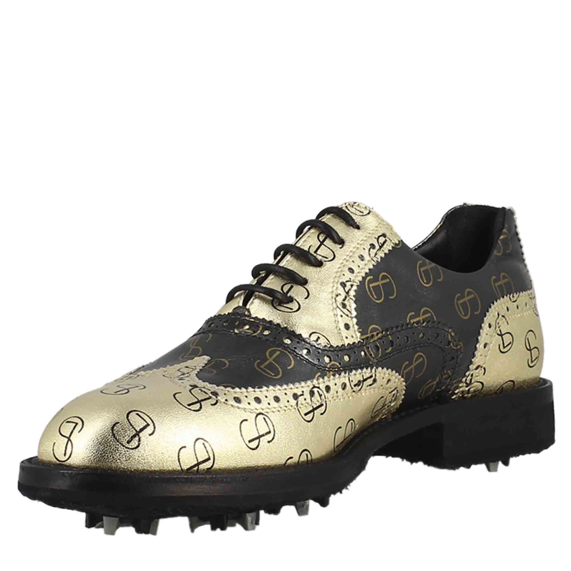 Scarpe da golf bicolore in pelle pieno fiore nero e oro - immagine 5