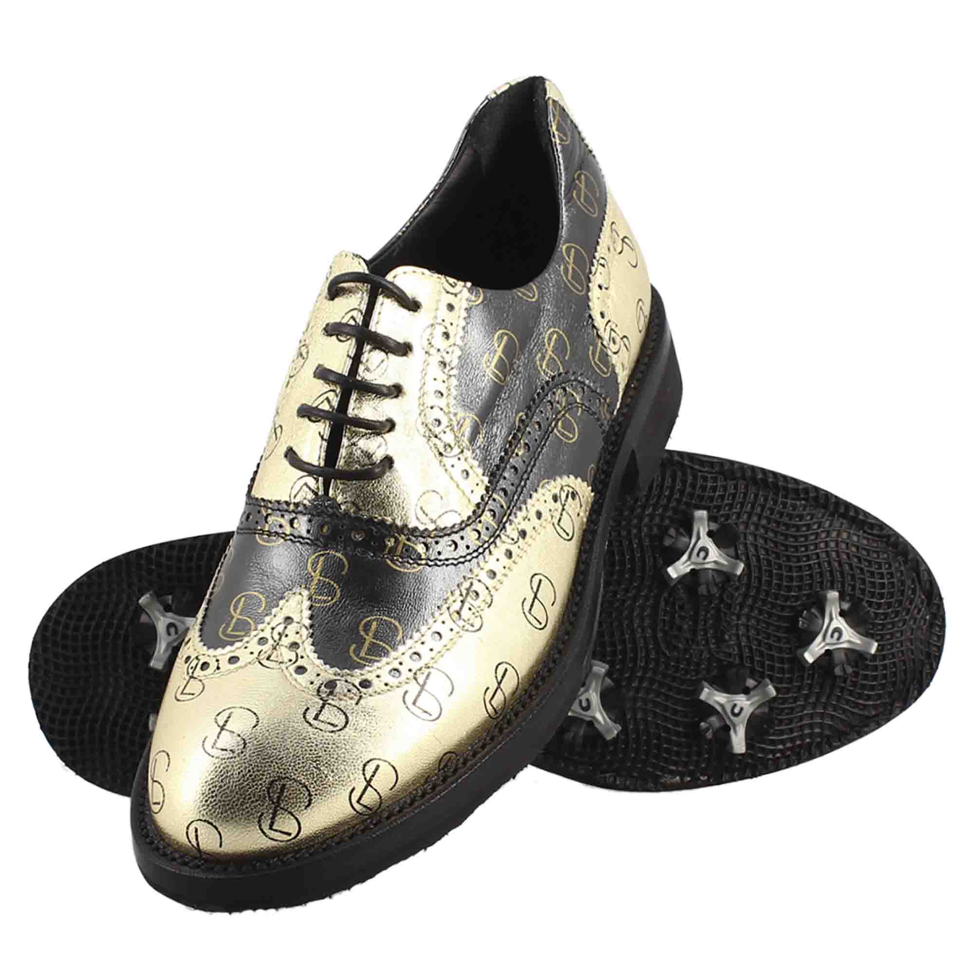 Scarpe da golf bicolore in pelle pieno fiore nero e oro - immagine 7