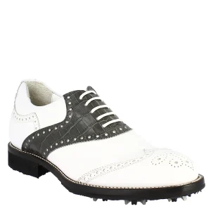 Scarpe da golf classiche artigianali in pelle bianca e grigia