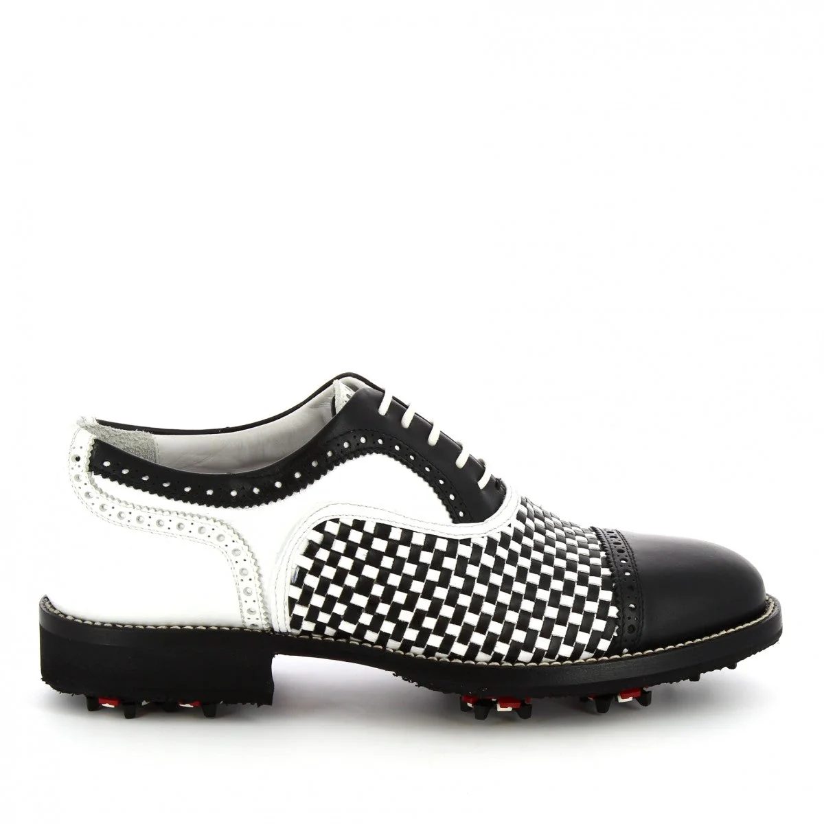 Scarpe da golf artigianali in pelle intrecciata bianca e nera - immagine 3