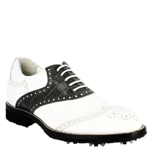 Scarpe golf unisex artigianali in pelle bianco e nero