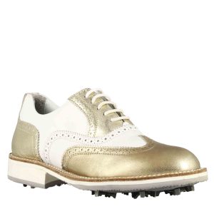 Scarpe da golf artigianali in pelle bianca con dettagli colore oro
