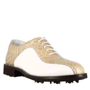 Scarpe da golf in pelle bicolore bianca e beige con stampa cocco
